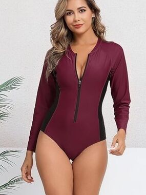 Women's Long Sleeve One-Piece Rash Guard Swimsuit - Burgundy